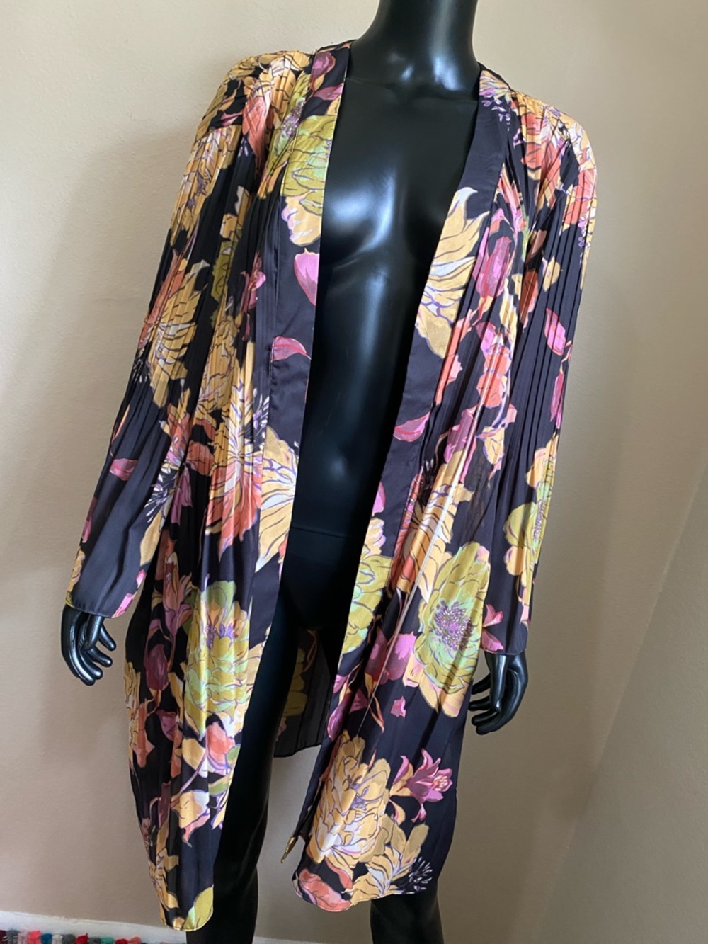Ninety Floral Pleated Cotton Kimono Cardigan - Black with Yellow & Pink